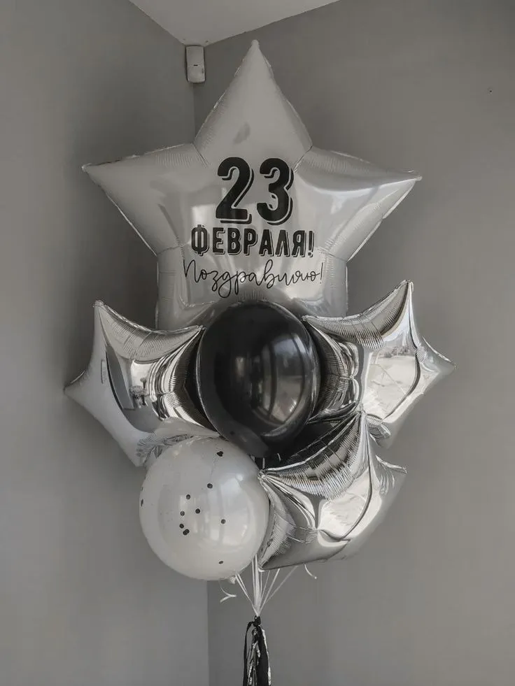 №17 Фонтан со звездой «23 февраля! Поздравляю!», серебро с чёрным — 23 февраля, Лавка Шаров Мытищи