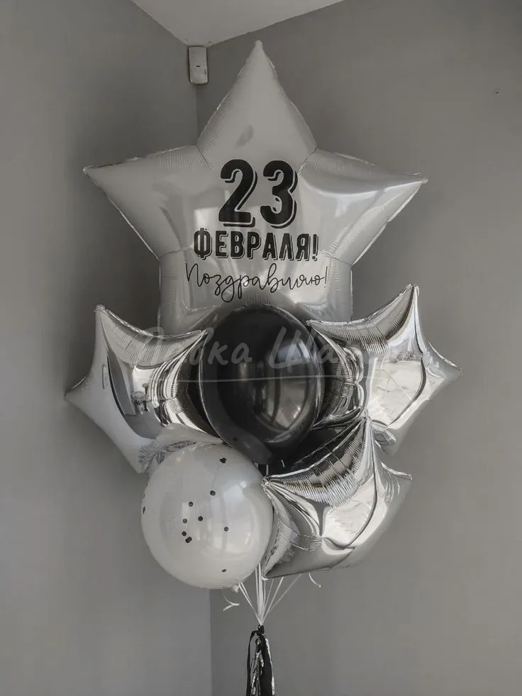 №1402 Фонтан со звездой «23 февраля! Поздравляю!», серебро с чёрным — 23 февраля, Лавка Шаров Мытищи