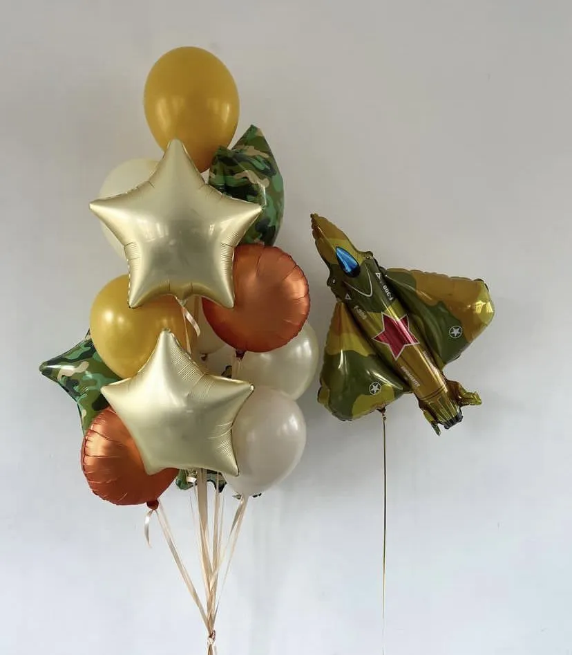 №16 Фонтан из шаров с самолётом, золото с бронзой — 23 февраля, Лавка Шаров Мытищи