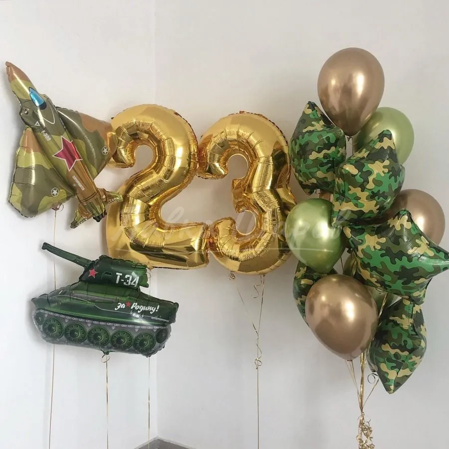 №1393 Цифры «23» с танком и самолётом, золото с камуфляжем — 23 февраля, Лавка Шаров Мытищи