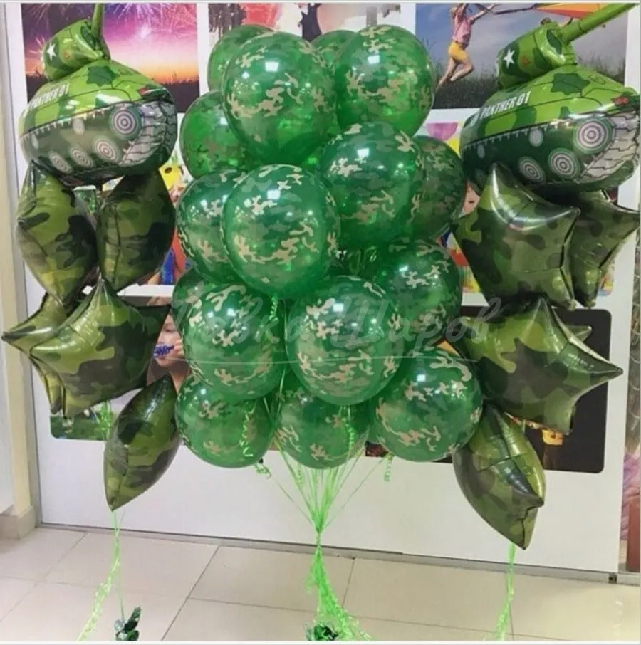 №1396 Большие связки камуфляжных шаров с танками — 23 февраля, Лавка Шаров Мытищи