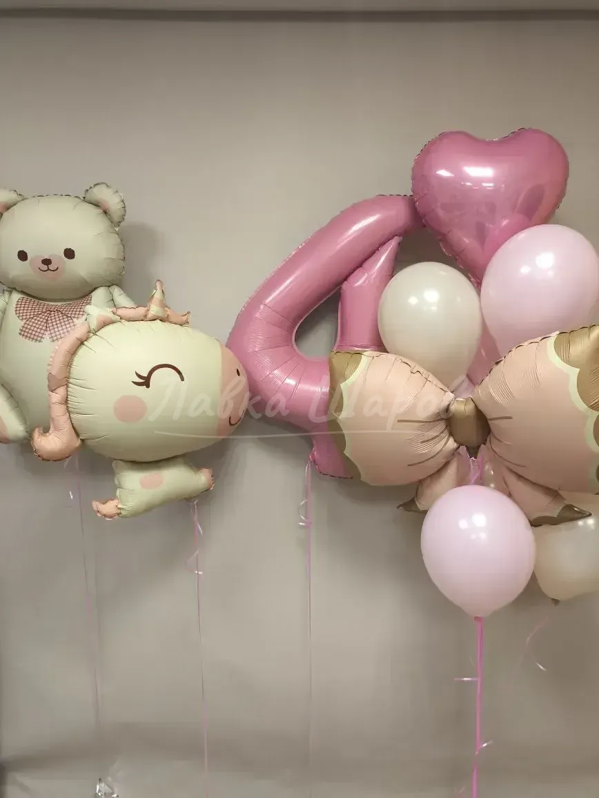 №1253 Композиция из шаров с мишкой, единорогом и бантом, розовый — для девочки, Лавка Шаров Мытищи