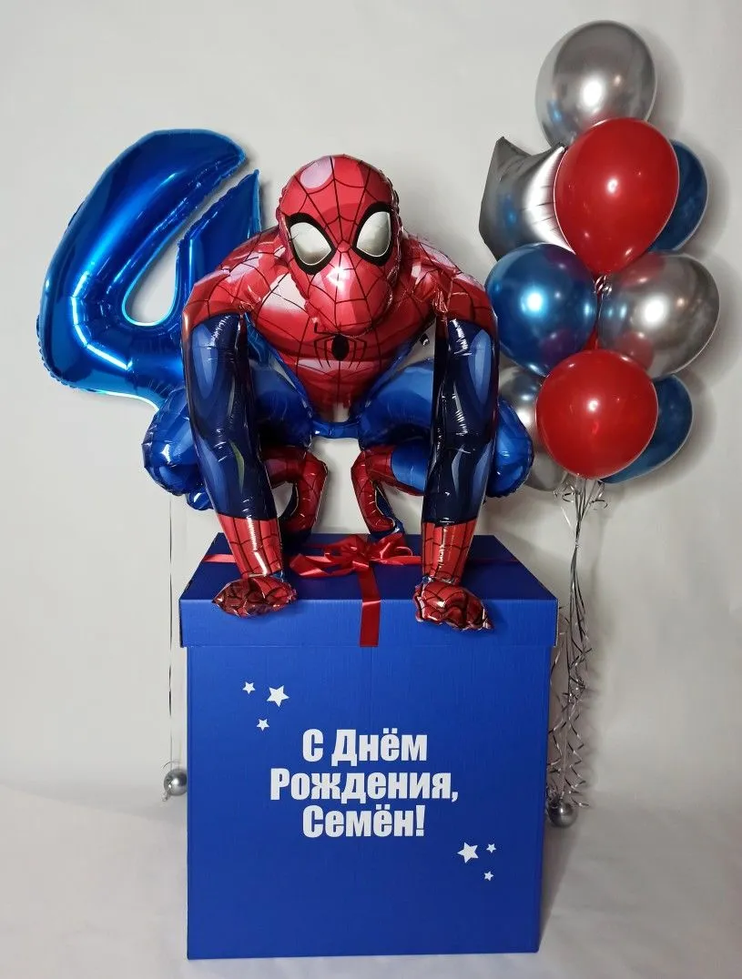 №62 Коробка-сюрприз с Человеком-пауком, цифрой и фонтаном — для мальчика, Лавка Шаров Мытищи