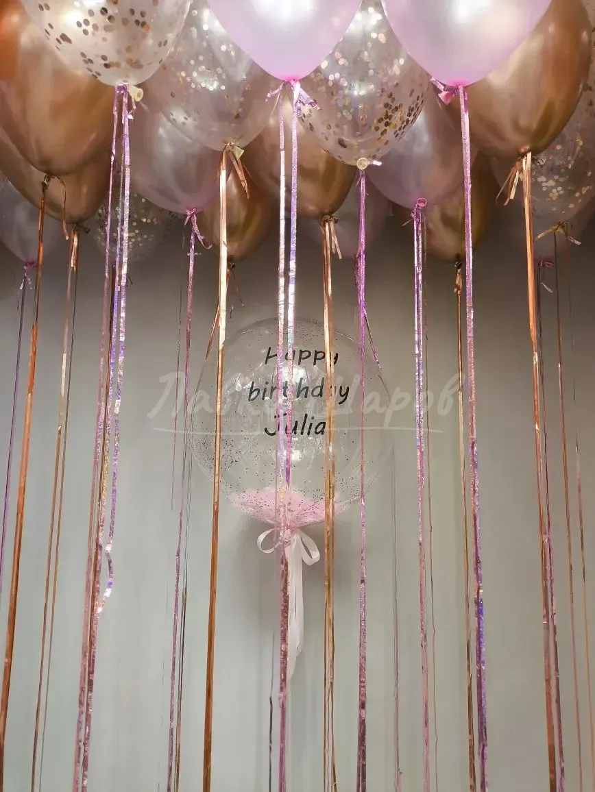 №1051 Шар «Happy Birthday» под потолком, розовое золото — для неё, Лавка Шаров Мытищи