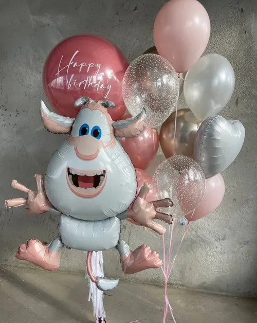 №1926 Композиция из шаров с Бубой и большим шаром «Happy Birthday», розовый — буба, Лавка Шаров Мытищи