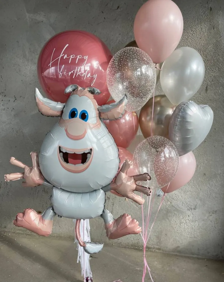 №9 Композиция из шаров с Бубой и большим шаром «Happy Birthday», розовый — буба, Лавка Шаров Мытищи
