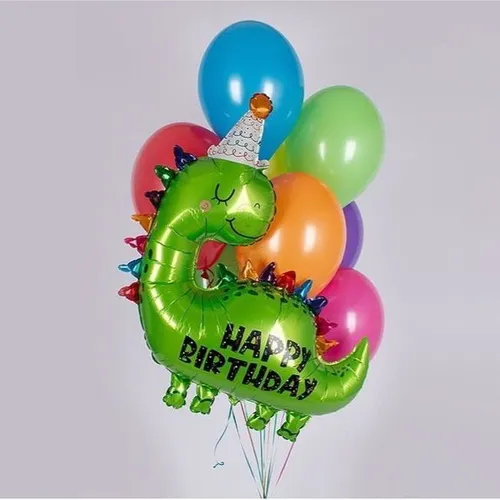 №1 Фонтан из шаров с динозавром «Happy Birthday», яркий микс — динозавры, Лавка Шаров Мытищи