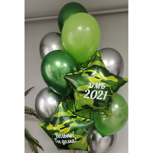 №2054 Фонтан из шаров «ДМБ» с камуфляжными звёздами, зелёный с серебром — дмб, Лавка Шаров Мытищи