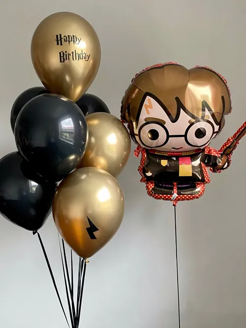 №5 Фонтан из шаров с Гарри Поттером «Happy Birthday», золото с чёрным — гарри поттер, Лавка Шаров Мытищи