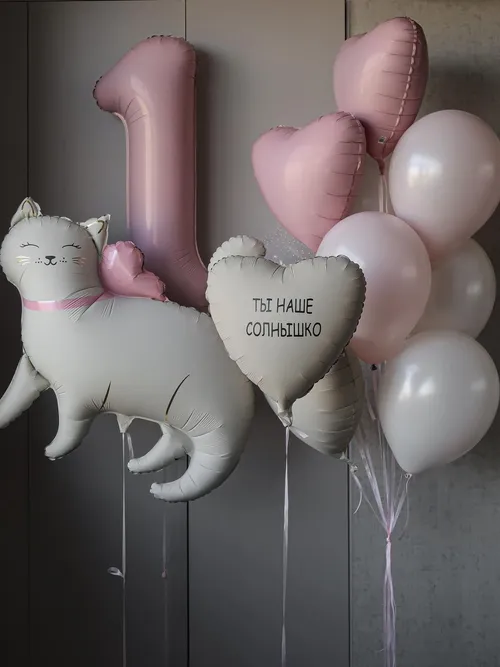 №23 Композиция из шаров с кошкой и сердцем «Ты наше солнышко» — годик, первый зубик, Лавка Шаров Мытищи