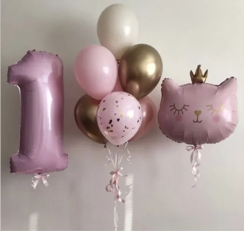 №8 Композиция из шаров с котиком в короне, пыльная роза с золотом — годик, первый зубик, Лавка Шаров Мытищи