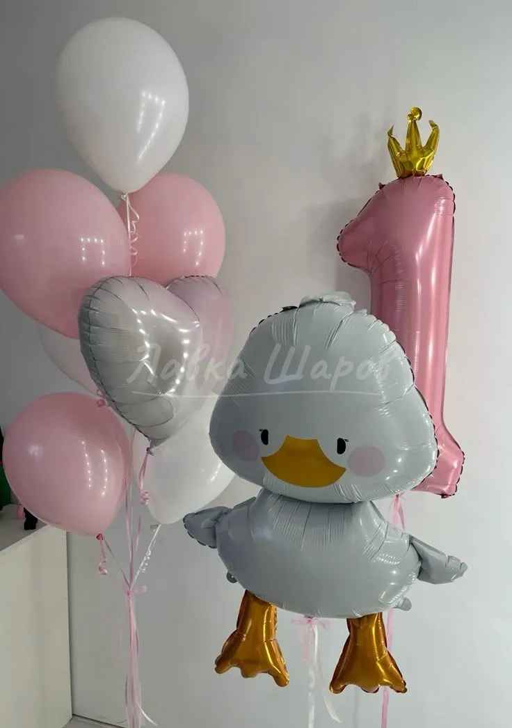 №1704 Фонтан из шаров с утёнком и цифрой в короне, серый с розовым — годик, первый зубик, Лавка Шаров Мытищи