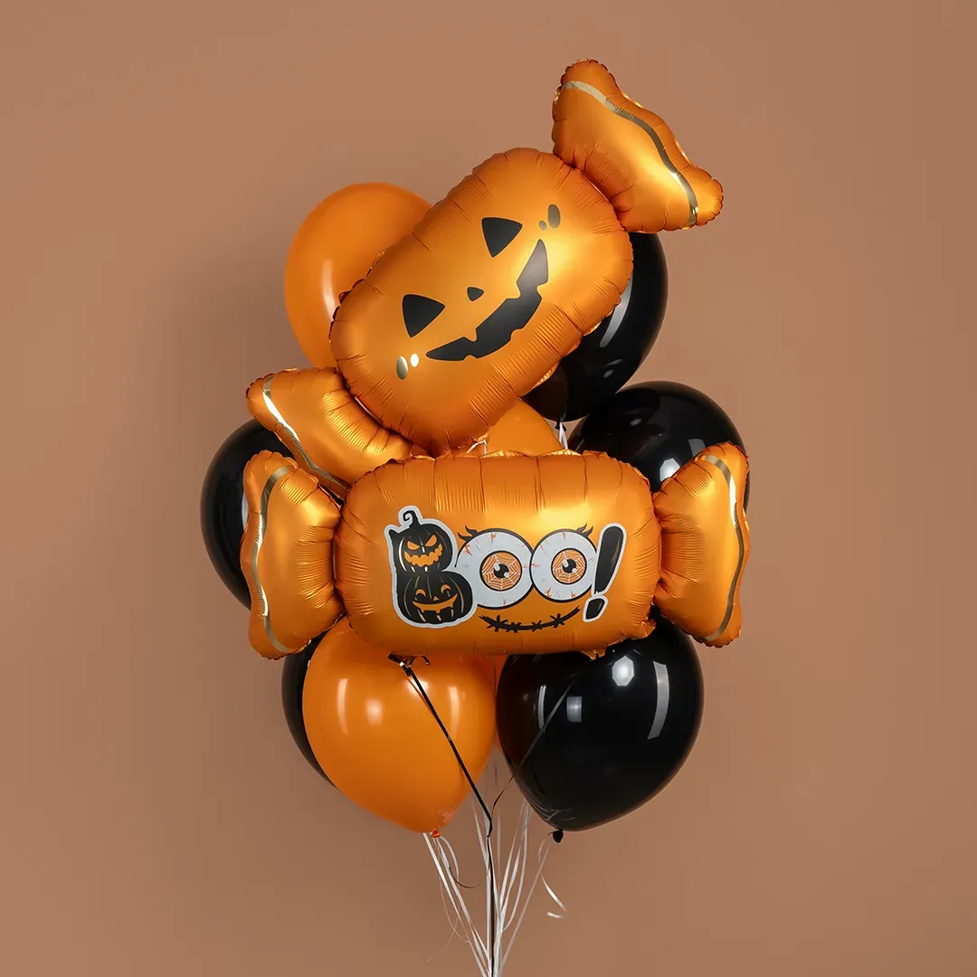 №4 Фонтан из шаров с конфетами «Boo!», оранжевый с чёрным — хэллоуин, Лавка Шаров Мытищи