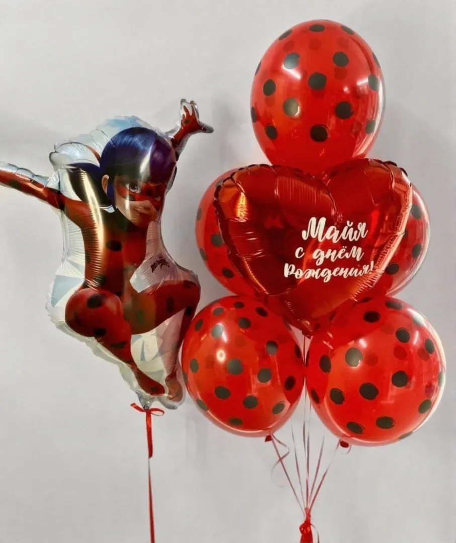 №10 Фонтан из шаров с Леди Баг и именным сердцем, красный в горошек — леди баг, Лавка Шаров Мытищи