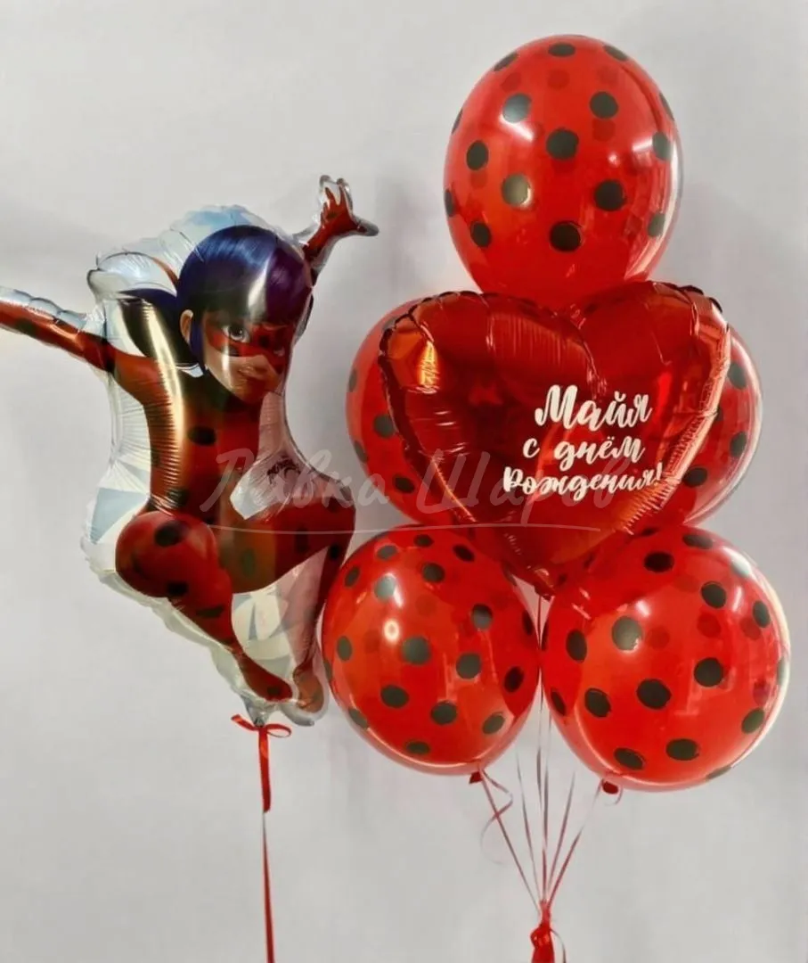 №2071 Фонтан из шаров с Леди Баг и именным сердцем, красный в горошек — леди баг, Лавка Шаров Мытищи