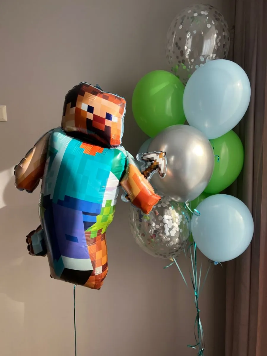 №14 Фонтан из шаров Майнкрафт со Стивом, зелёный с серебром — майнкрафт и roblox, Лавка Шаров Мытищи