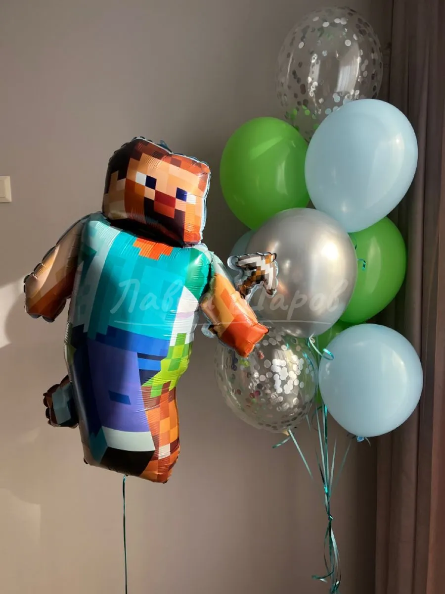 №1814 Фонтан из шаров Майнкрафт со Стивом, зелёный с серебром — майнкрафт и roblox, Лавка Шаров Мытищи