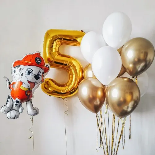 №7 Композиция из шаров с Маршалом и цифрой, золото с белым — щенячий патруль, Лавка Шаров Мытищи