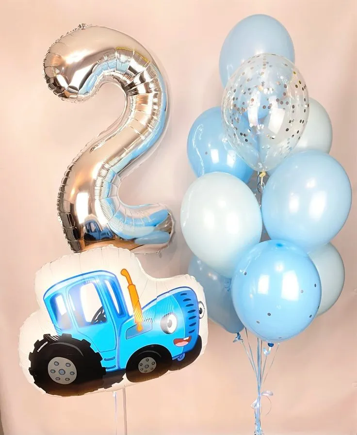 №3 Композиция из шаров Синий трактор с цифрой и фонтаном, голубой — синий трактор, Лавка Шаров Мытищи