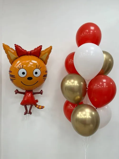 №11 Фонтан из шаров с Карамелькой, красный с золотом — три кота, Лавка Шаров Мытищи