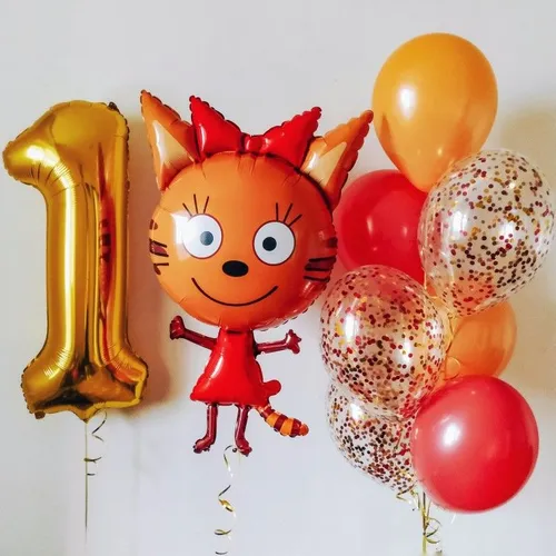 №8 Композиция из шаров с Карамелькой и цифрой, оранжевый с золотом — три кота, Лавка Шаров Мытищи