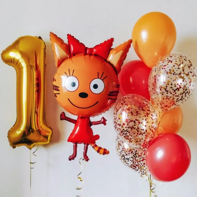 №8 Композиция из шаров с Карамелькой и цифрой, оранжевый с золотом — три кота, Лавка Шаров Мытищи
