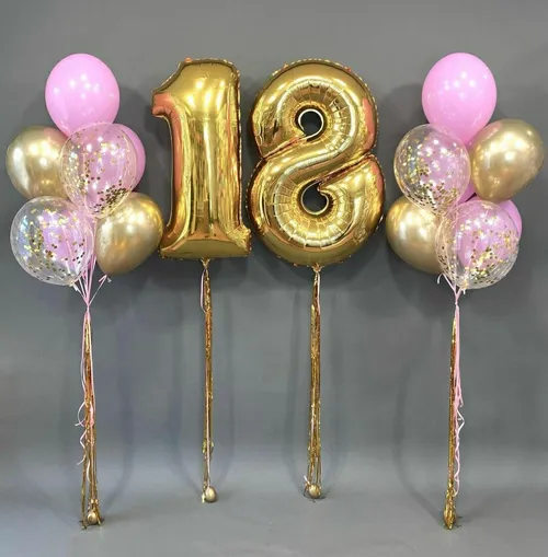№10 Цифра 18 с двумя фонтанами, золото с розовым — юбилей, Лавка Шаров Мытищи