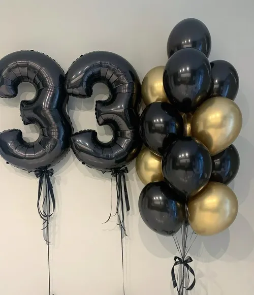 №11 Цифра 33 с фонтаном, чёрный с золотом — юбилей, Лавка Шаров Мытищи
