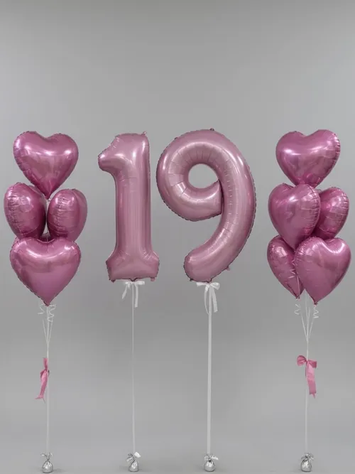 №8 Цифра 19 с двумя фонтанами из сердец, розовый — шары-цифры, Лавка Шаров Мытищи