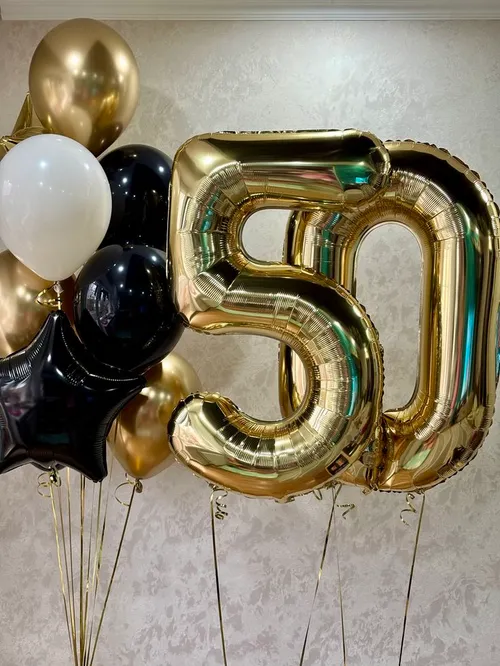 №18 Цифра 50 с фонтаном и звездой, золото с чёрным — юбилей, Лавка Шаров Мытищи