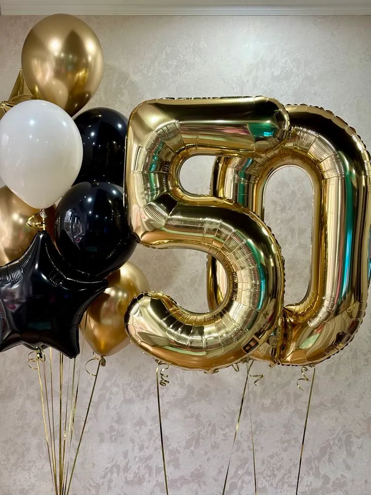 №18 Цифра 50 с фонтаном и звездой, золото с чёрным — юбилей, Лавка Шаров Мытищи