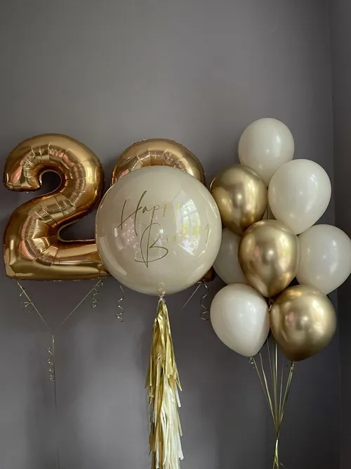 №3 Цифра 20 с шаром «Happy Birthday» и фонтаном, золото — юбилей, Лавка Шаров Мытищи