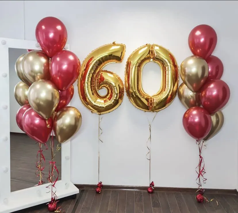 №6 Цифра 60 с двумя фонтанами, золото с бордовым — юбилей, Лавка Шаров Мытищи