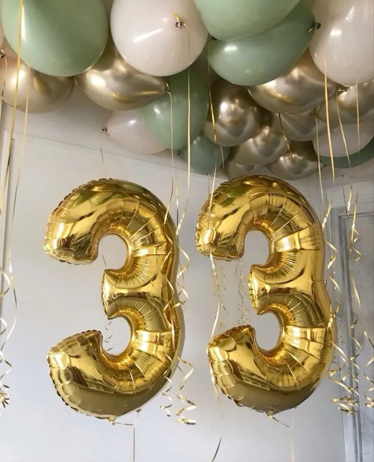 №7 Цифра 33 с шарами под потолок, золото с шалфейным — юбилей, Лавка Шаров Мытищи