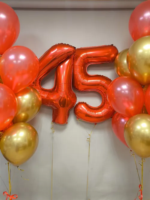 №9 Цифра 45 с двумя фонтанами, красный с золотом — юбилей, Лавка Шаров Мытищи