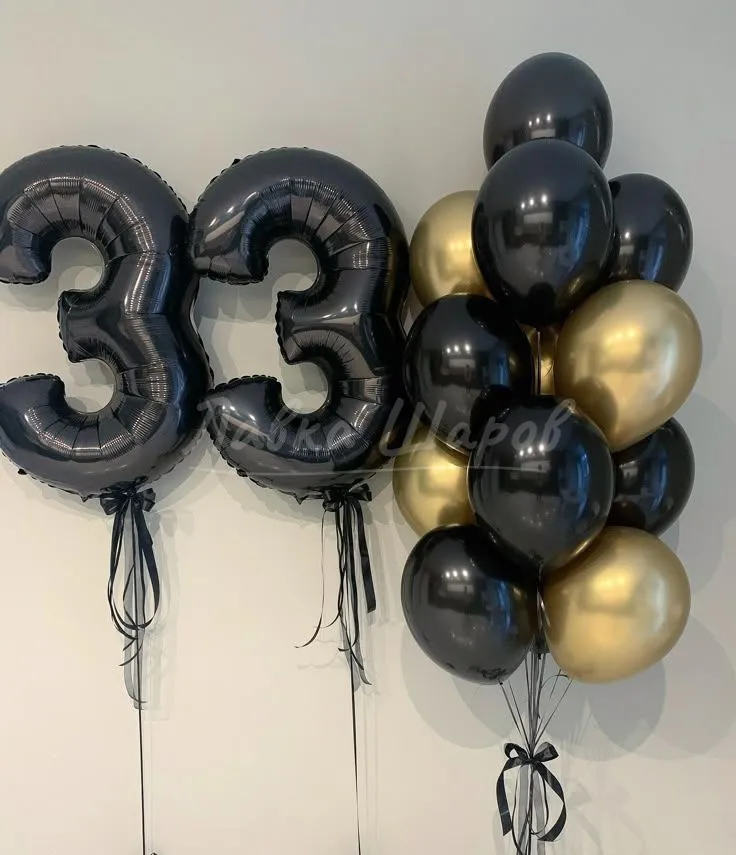 №1741 Цифра 33 с фонтаном, чёрный с золотом — юбилей, Лавка Шаров Мытищи