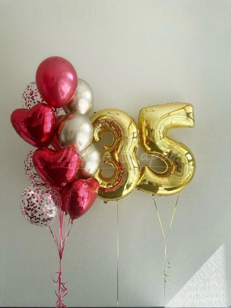 №1743 Цифра 35 с фонтаном из сердец, золото с красным — юбилей, Лавка Шаров Мытищи