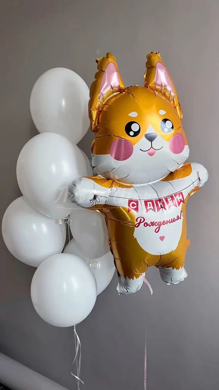 №2016 Фонтан из шаров с корги «С Днём Рождения», белый — животные, Лавка Шаров Мытищи