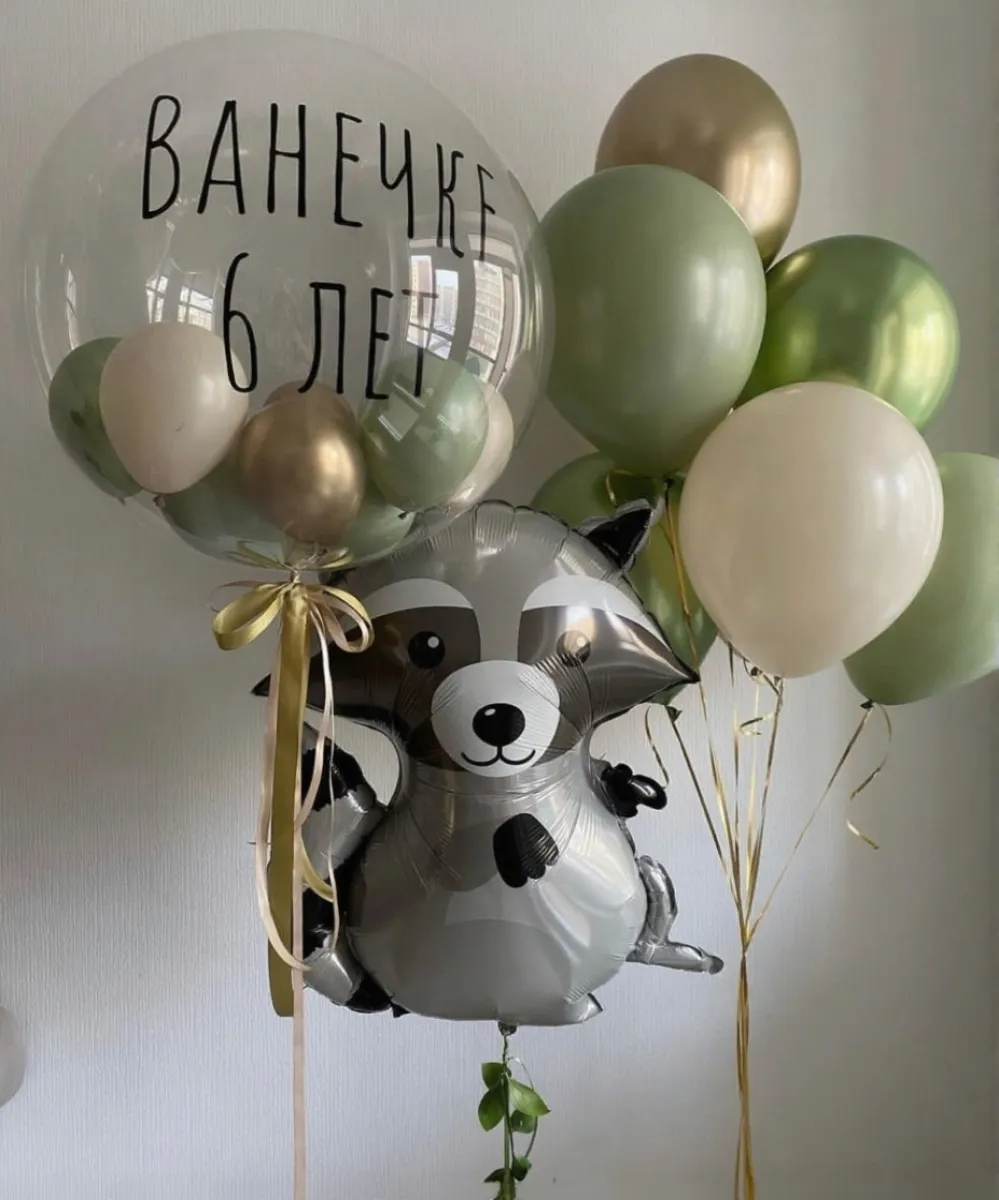 №13 Композиция из шаров с енотом и шаром Баблс с индивидуальной надписью — животные, Лавка Шаров Мытищи