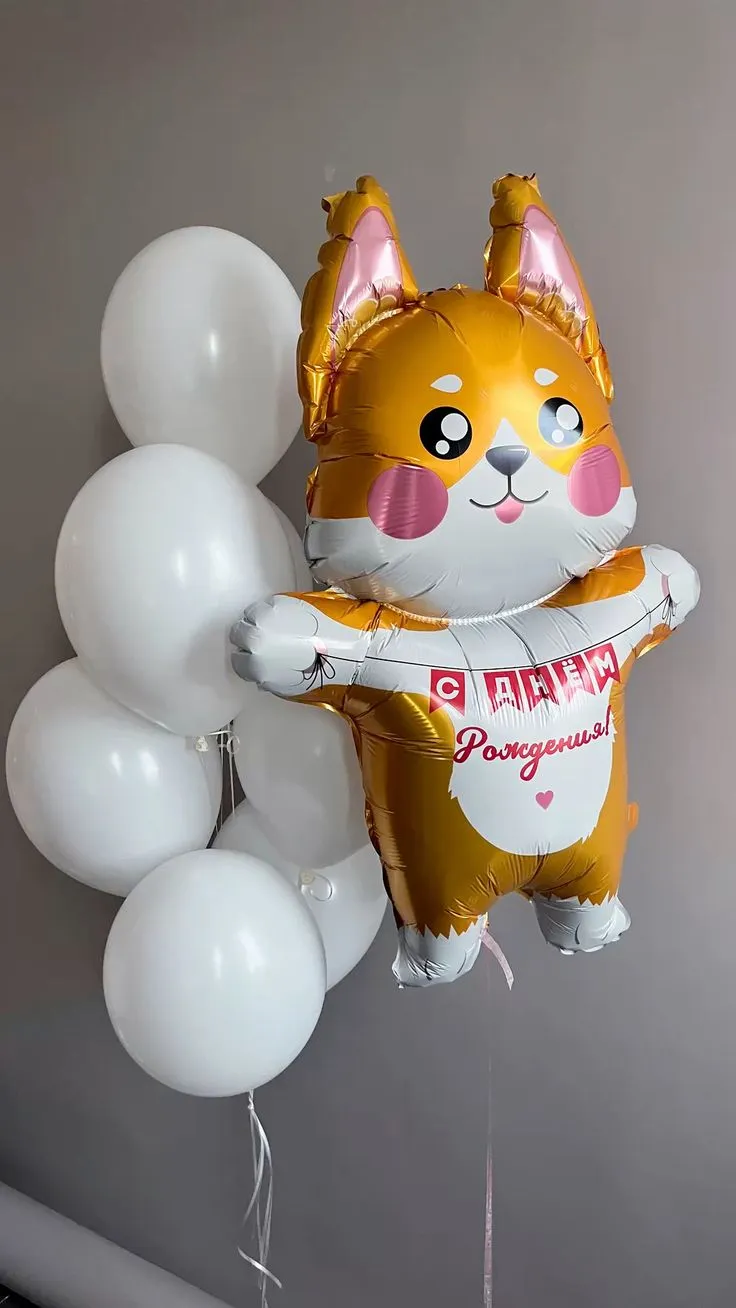 №19 Фонтан из шаров с корги «С Днём Рождения», белый — животные, Лавка Шаров Мытищи
