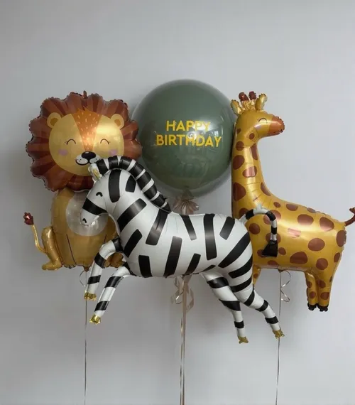 №3 Композиция из шаров сафари с большим шаром «Happy Birthday» — животные, Лавка Шаров Мытищи